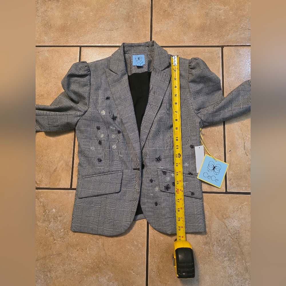 CeCe Black and Gray Plaid Puff-Sleeve Blazer with Star Embellishments - Picture 7 of 10